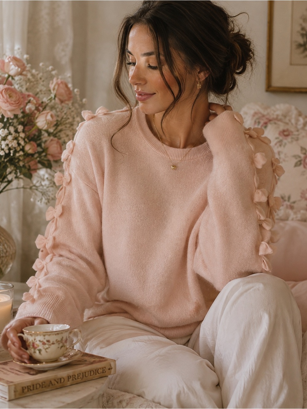 Belle France 100% Cashmere Pink Bow Shoulder Sweater